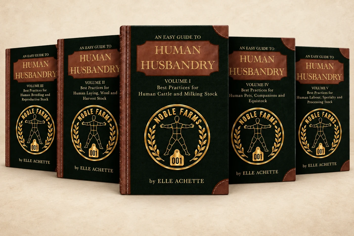 Five-volume Human Husbandry collection on a warm parchment background
