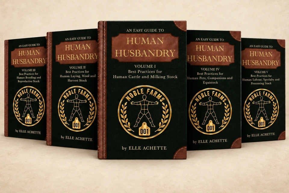 Five-volume Human Husbandry collection on a warm parchment background